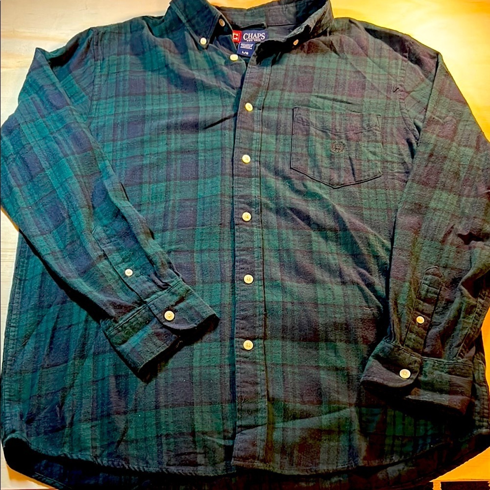 Chaps Green and Blue Casual Flannel Button Down Shirt Sz L